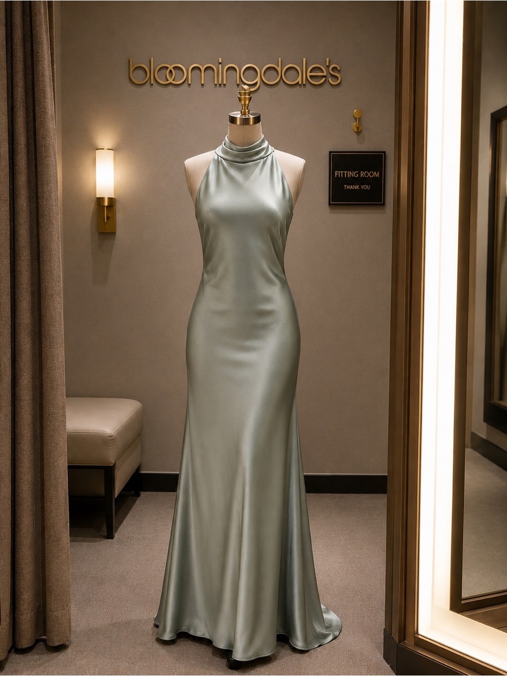 Aqua by Bloomingdale’s Sage Green Satin Halter Maxi Gown Formal Dress Size 4 - Picture 4 of 17